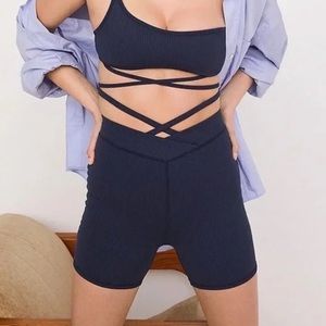 NWT For Love & Lemons Navy Ribbed Chloe Biker Shorts